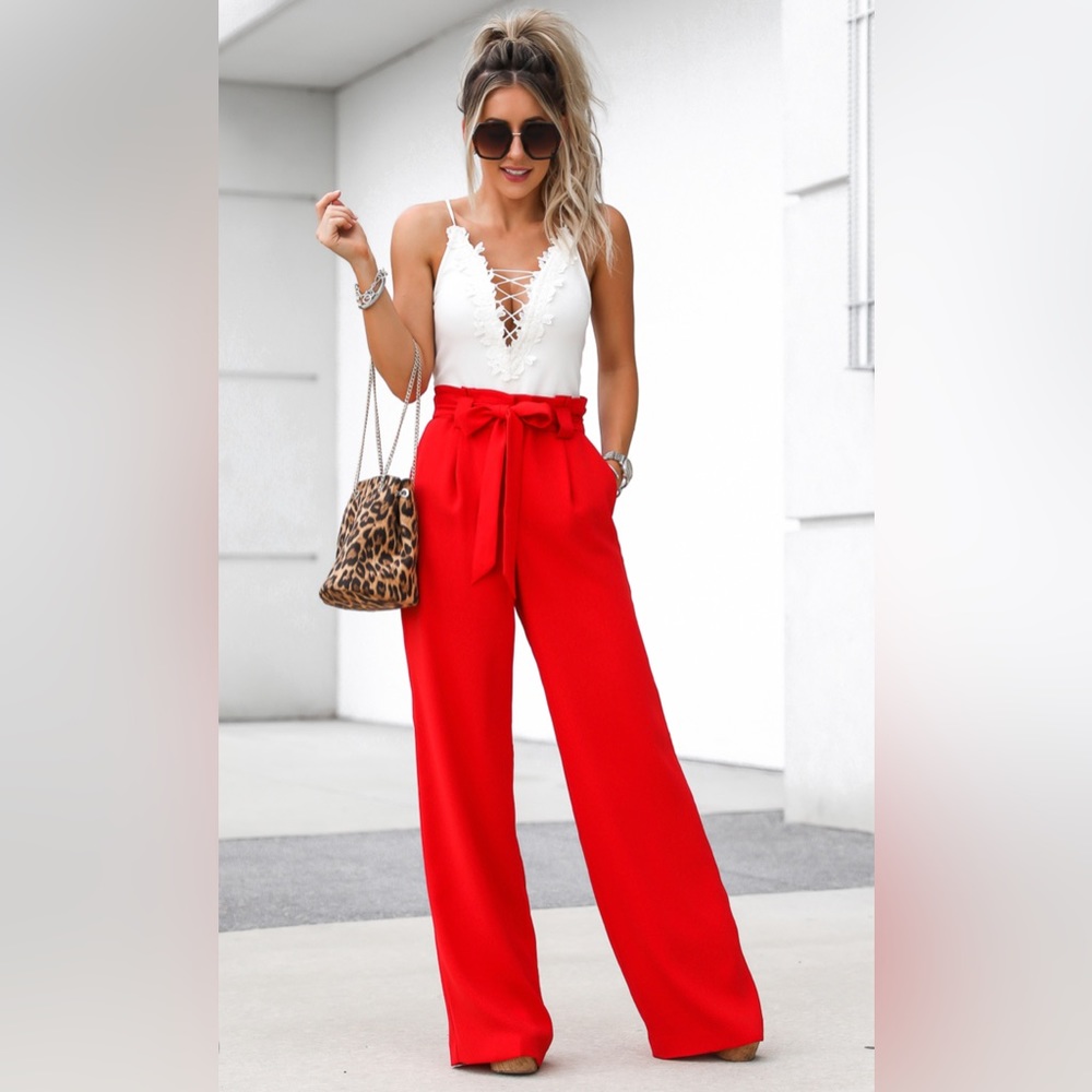 Express red wide leg trouser with paperbag waist